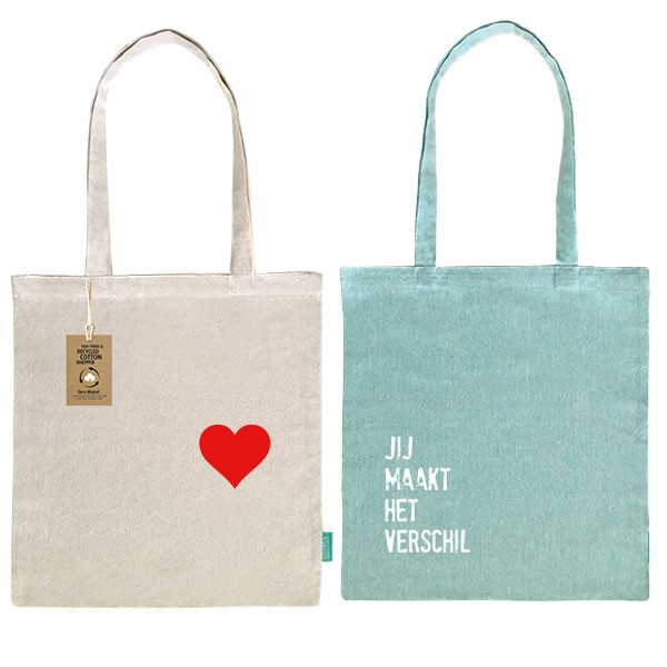 Fairtrade Recycled katoenen shopper Jij maakt het verschil of Hart